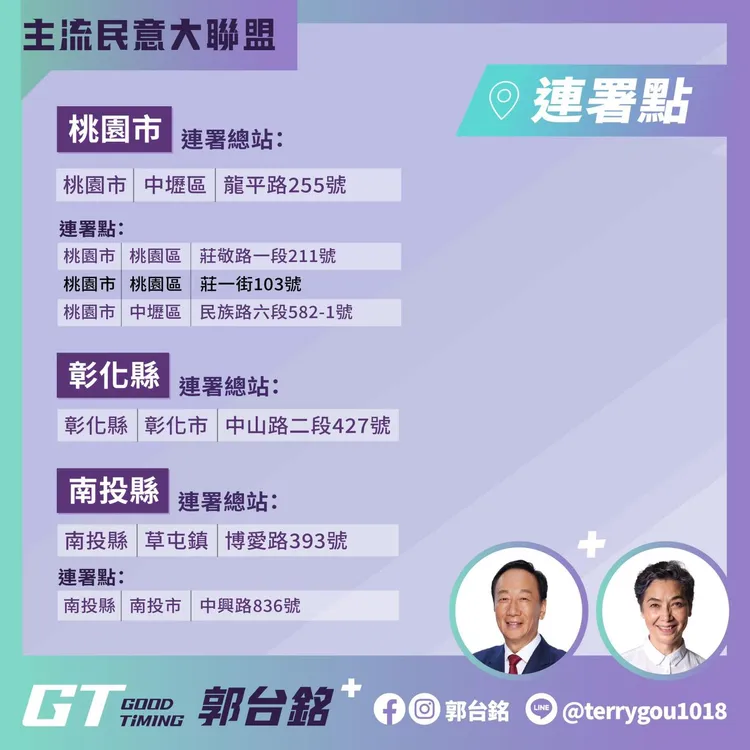 桃園、彰化、南投連署站點。翻攝自郭台銘臉書