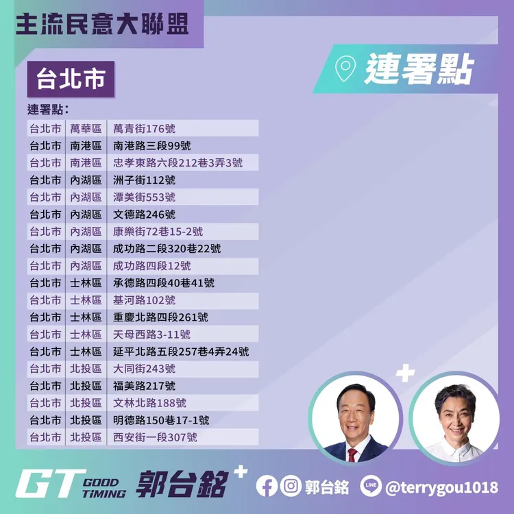 台北市連署站點。翻攝自郭台銘臉書