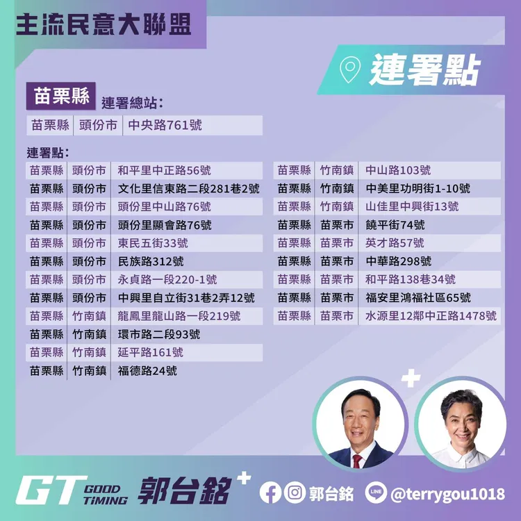 苗栗縣連署站點。翻攝自郭台銘臉書