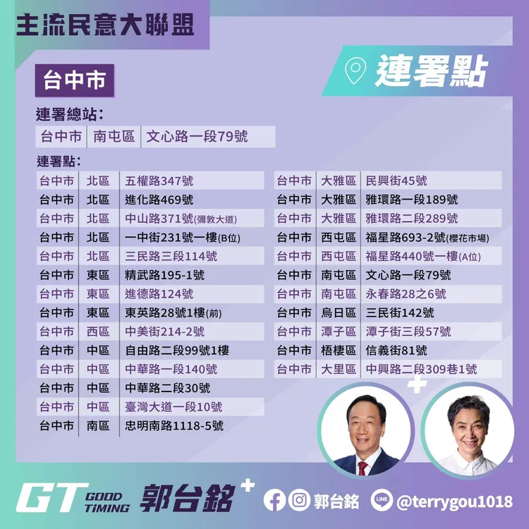 台中市連署站點。翻攝自郭台銘臉書