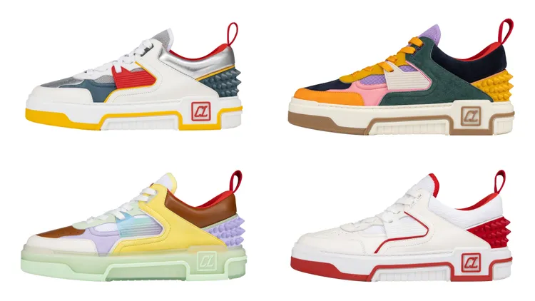 ASTROLOUBI藍銀拼色運動鞋（左上）、藍綠拼色運動鞋（右上）、粉綠淺紫拼色運動鞋（左下）、經典紅白運動鞋（右下），各3萬5200元。品牌提供