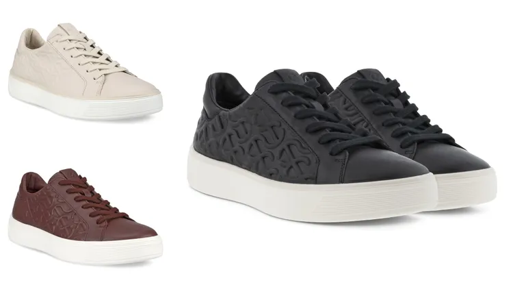 STREET TRAY休閒鞋ECCO WAVE圖騰限定款石灰白（左上）、酒紅（左下）、黑色（右），7380元。品牌提供