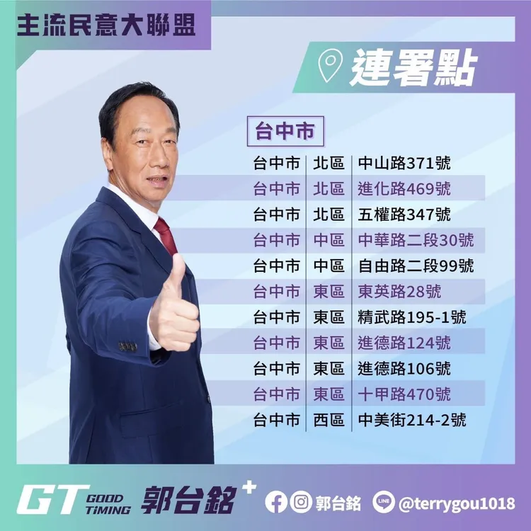 郭台銘再公布30個連署站，其中19個在台中。翻攝郭台銘臉書