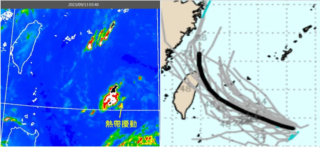 今(13日)晨3:40紅外線色調強化雲圖顯示,台灣東南東方海面有一熱帶擾動(左圖)。最新(12日20時)美國系集模式(GEFS)模擬,其路徑有向台灣逼近的趨勢(右圖)。翻攝「三立準氣象·老大洩天機」專欄(右圖擷自weathernerds)
