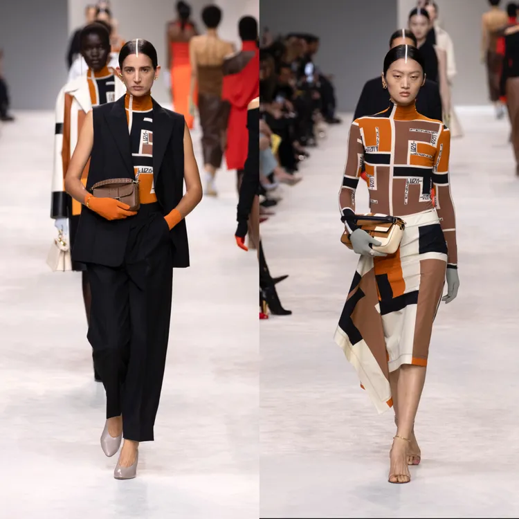 FF標誌圖案出現於嵌花皮革和露肩針織長裙之上。品牌提供