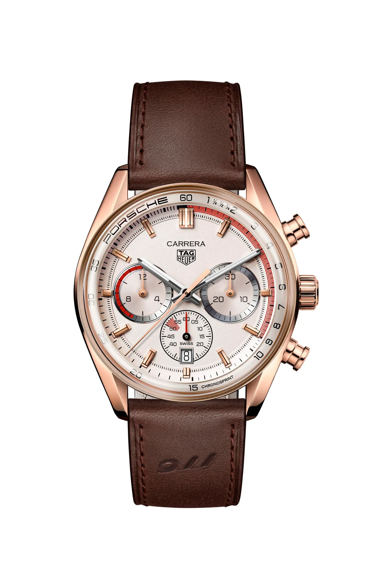 TAG Heuer Carrera Chronosprint x Porsche计时腕表玫瑰金款，42mm，18K 5N玫瑰金表壳，炫光米色表面，黑色小牛皮表带，Calibre TH20-08自动上链机芯，防水深度100米，动力储存80小时，77万4000元。品牌提供