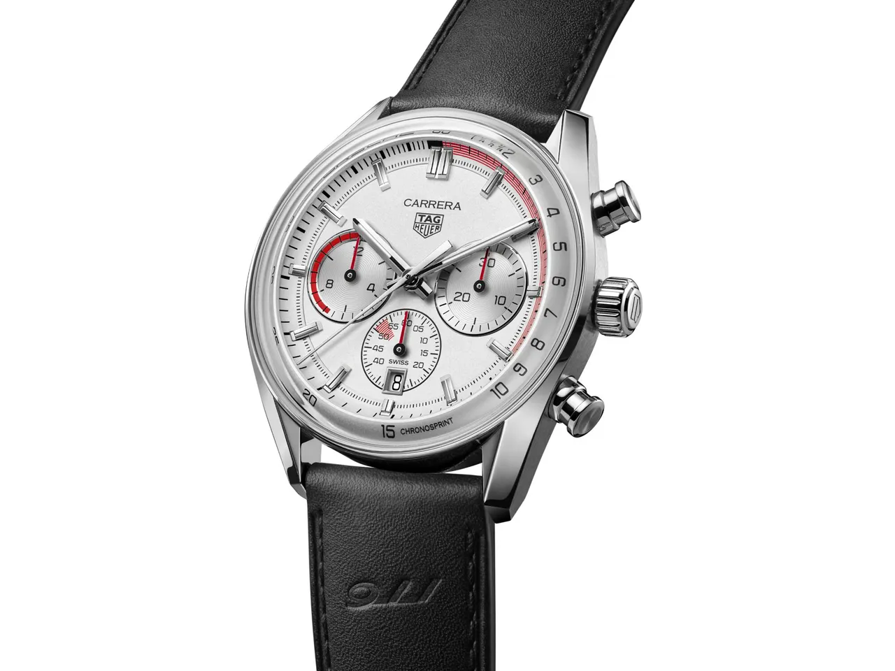 TAG Heuer Carrera Chronosprint x Porsche计时腕表精钢款，42mm，精钢表壳，炫光银色表面，黑色小牛皮表带，Calibre TH20-08自动上链机芯，防水深度100米，动力储存80小时，30万2900元。品牌提供