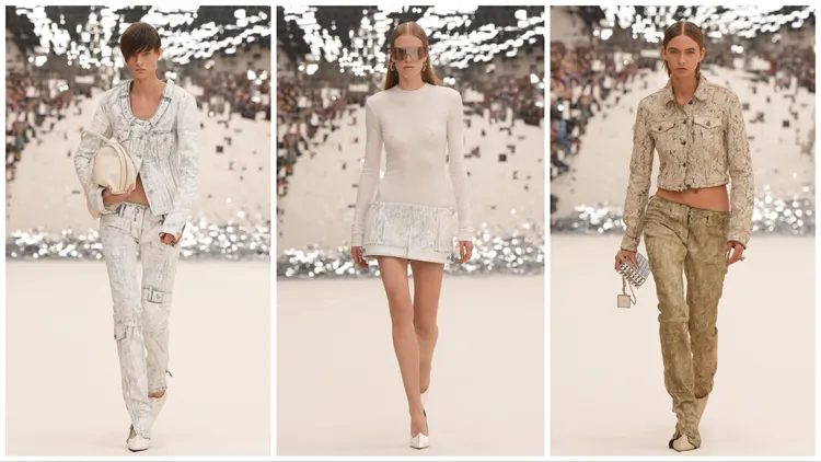 丹寧布料以白色油漆覆蓋或以裂紋處理。品牌提供