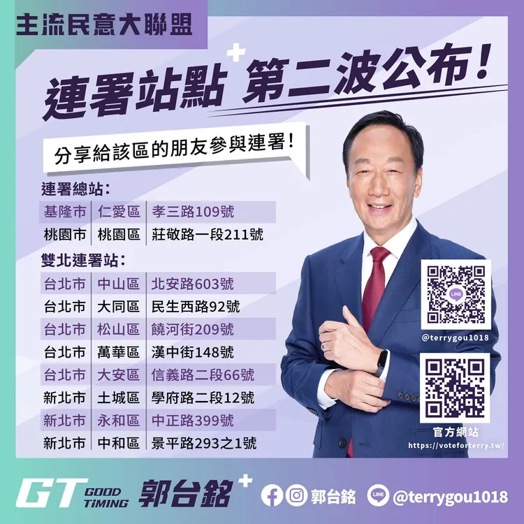 郭台銘公布第二波連署站。翻攝郭台銘臉書