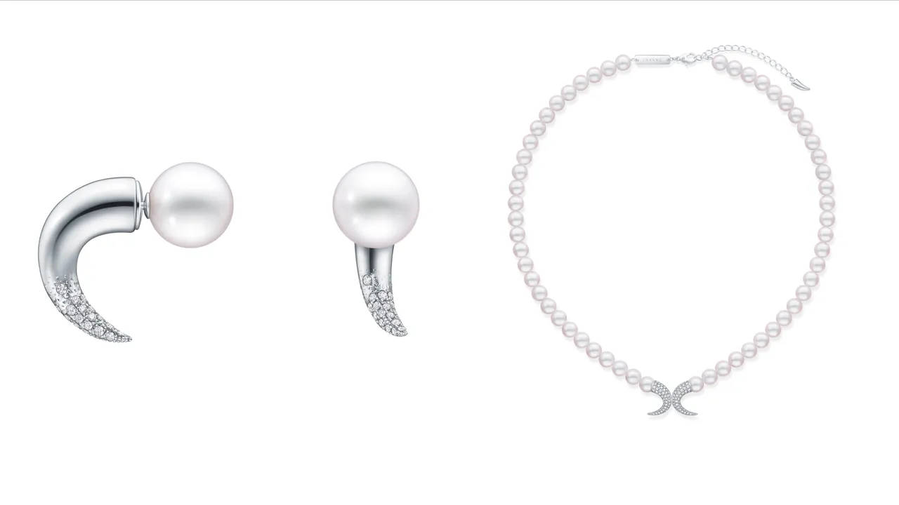 TASAKI danger horn鑲鑽耳環(10mm南洋白蝶真珠),9萬6600元;鑲鑽珍珠項鍊(6.5mm阿古屋珍珠、0.65克拉鑽石),59萬元。品牌提供