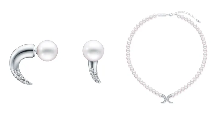 TASAKI danger horn鑲鑽耳環（10mm南洋白蝶真珠），9萬6600元；鑲鑽珍珠項鍊（6.5mm阿古屋珍珠、0.65克拉鑽石），59萬元。品牌提供
