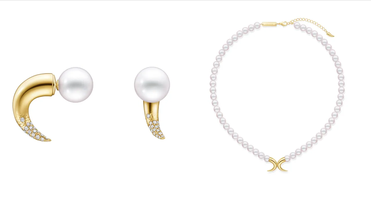 TASAKI danger horn鑲鑽耳環(10mm南洋白蝶真珠),6萬400元;珍珠項鍊(6.5mm阿古屋珍珠),30萬9000元。品牌提供