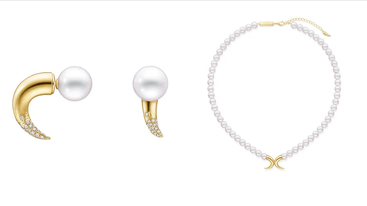 TASAKI danger horn鑲鑽耳環（10mm南洋白蝶真珠），6萬400元；珍珠項鍊（6.5mm阿古屋珍珠），30萬9000元。品牌提供