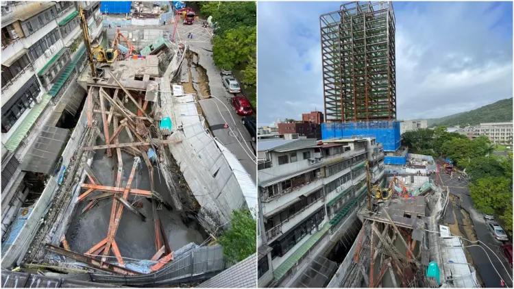 基泰建設大直建案(右圖)因施工不慎，導致鄰房下陷傾斜，恐面臨巨額賠償。資料照片