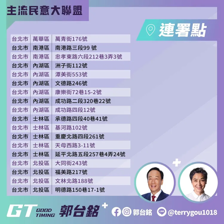 台北市新增多處連署站點。翻攝自郭台銘臉書