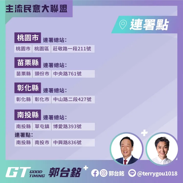 桃園、苗栗、彰化、南投新增連署站點。翻攝自郭台銘臉書