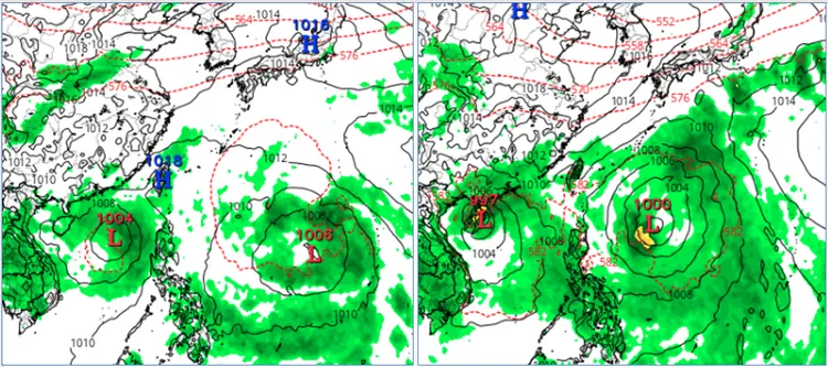 最新(23日20時)歐洲(ECMWF)模式模擬「中秋連假」〔29日20時(左圖)及1日20時(右圖)〕天氣圖顯示，南海及菲律賓東方海面各有熱帶擾動發展；北部海面有雨區，伴隨熱帶擾動向台灣輸送的水氣。(圖擷自tropical tidbits)取自氣象應用推廣基金會