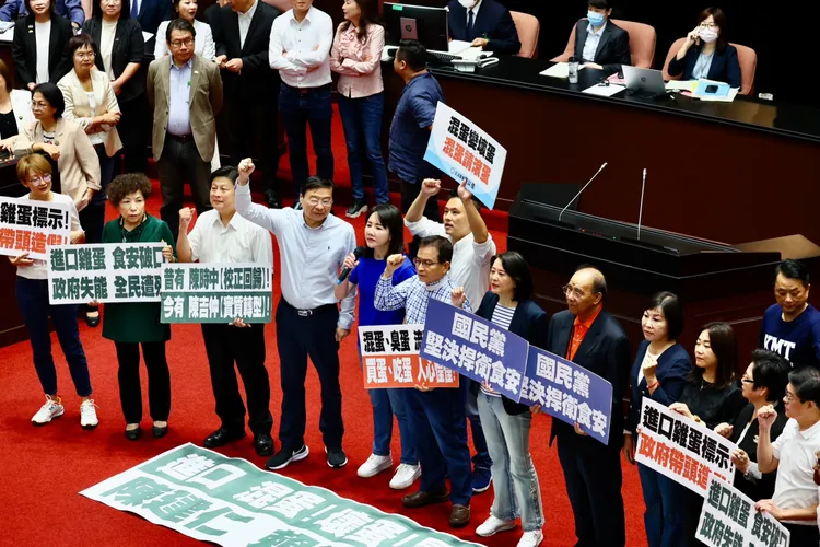 國民黨立委一早在議場抗議，要求陳建仁為雞蛋爭議道歉。彭欣偉攝