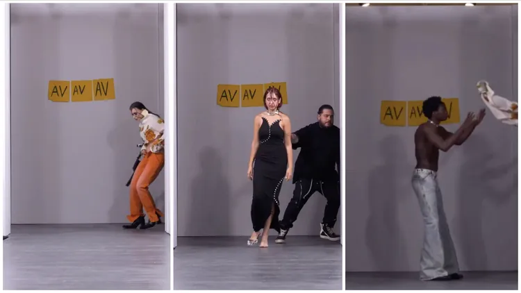 Model在匆忙之中被推上台走秀，有人都登場了還沒拿到秀服。翻攝avavav IG