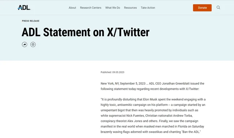 ADL聲明。翻攝ADL官網