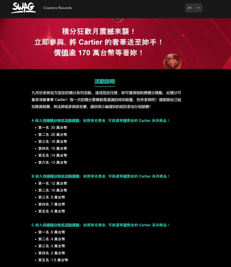 SWAG9月狂歡月活動，總價值逾 170萬元卡地亞（Cartier）頂級珠寶配飾等妳帶回家！翻攝SWAG網站