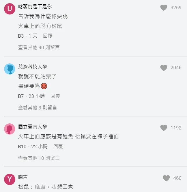 網友朝聖打趣松鼠硬要搭車用站票。翻攝自論壇Dcard