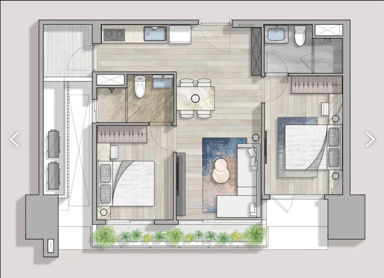 精銳建設前進14期首案「THE精銳」，規劃28至45坪，此為兩房產品之格局家配圖。