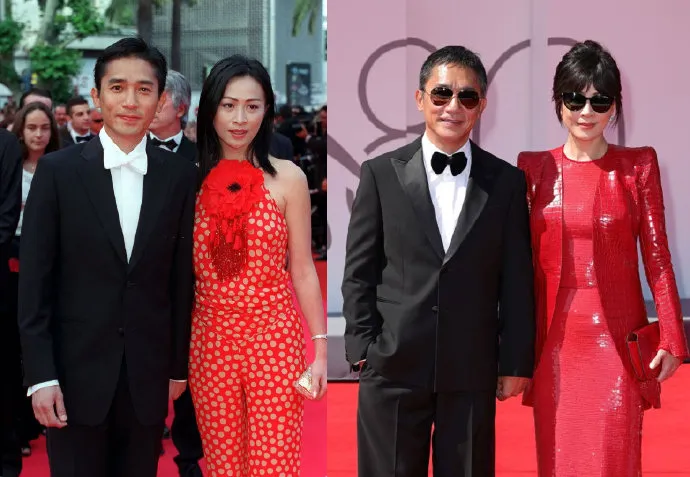 梁朝偉、劉嘉玲隔23年出席國際影展對比照。翻攝「追夢人梁朝偉影迷會」微博