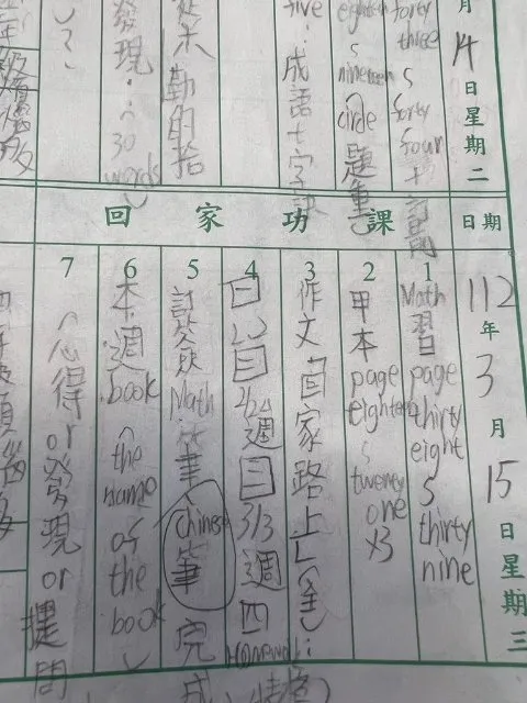 發文者貼出孩子聯絡簿照片截圖，像是回家功課第5欄所寫「訂簽Math筆」等，每一欄位都是中英文夾雜。翻攝自論壇PTT