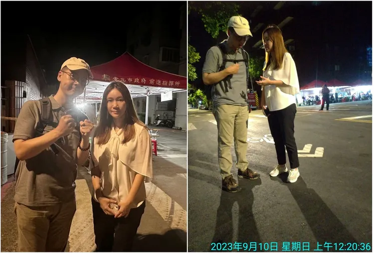 房仲陳泰源指出，9日深夜北市議員陳怡君仍在大直樓塌現場，並秀出10日午夜他們合影畫面。翻攝自陳泰源臉書