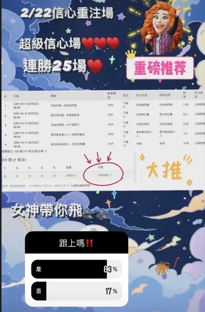 詐團用限時動態表示「女神帶你飛」。翻攝畫面