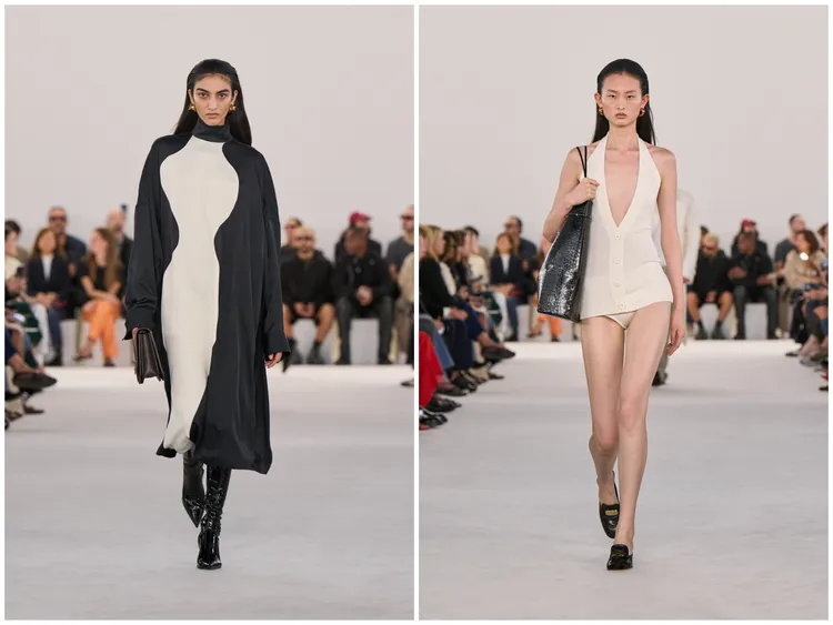 氣質洋裝與風騷漆皮高筒靴搭配，與低胸剪裁都象徵著「拜物主義」。品牌提供