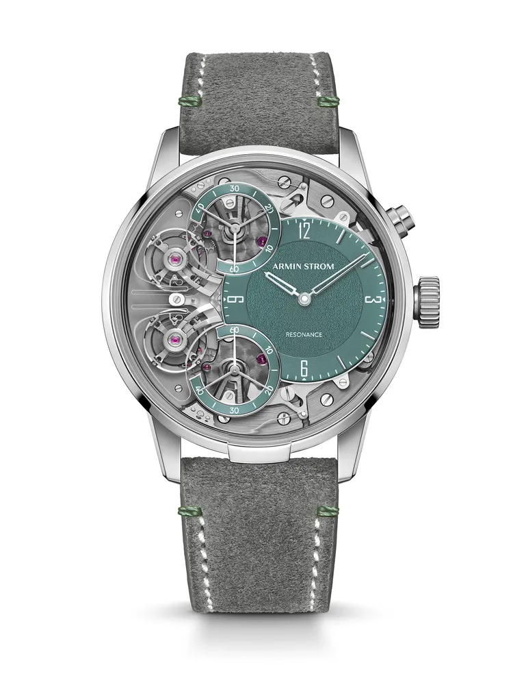 Armin Force Resonsnce綠色精鋼款，綠色Gremage紋理錶盤、灰色人造麂皮錶帶，限量50只，253萬元。品牌提供
