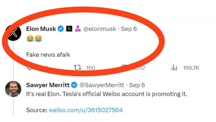 馬斯克第一時間說這是假消息，「特粉」Sawyer Merritt告訴他是真的，特斯拉中國官方已開始宣傳該產品。翻攝Sawyer Merritt的X