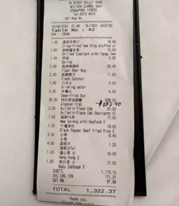 日客吃一餐消費額高達1322元新幣。翻攝AsiaOne新聞