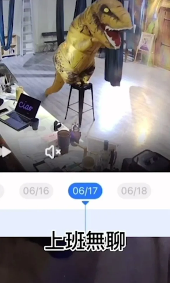 員工上班太無聊，找樂子扮恐龍，玩空中瑜珈。IG: reel :alin_homies 提供