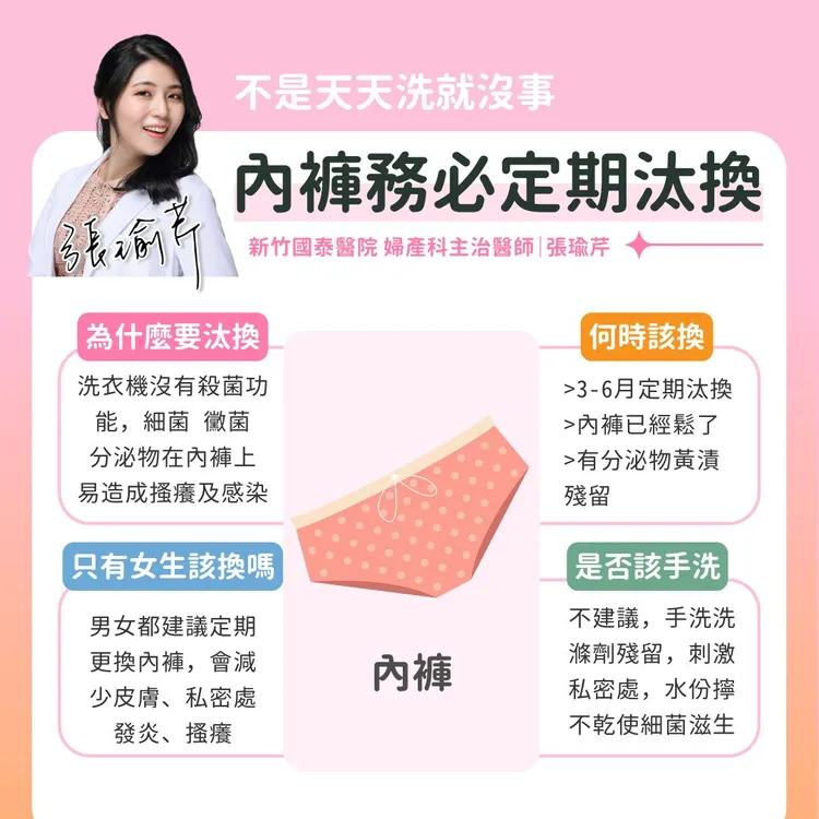 內褲若沒有定期汰換，容易造成私密處發癢、發炎和感染。翻攝自張瑜芹臉書