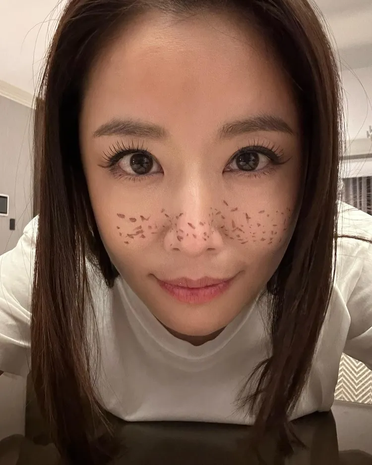 林心如美麗的臉龐被畫上許多大顆粒的雀斑。翻攝林心如臉書