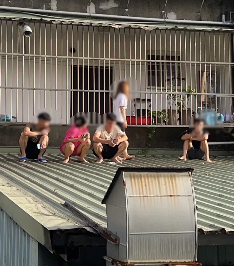 5名失聯移工爬到三樓高的鐵皮屋頂躲藏，發出的聲響卻讓它們都曝了光。翻攝畫面