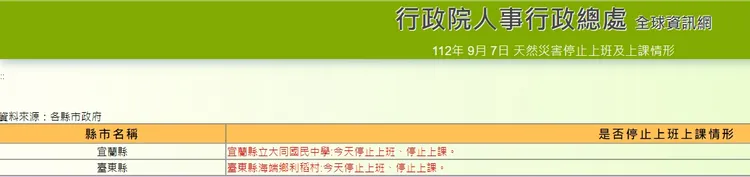 今停班課資訊。翻攝行政院人事行政總處 