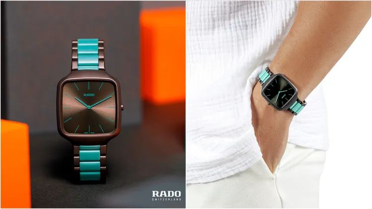 RADO True Square Thinline真我方形系列超薄Les Couleurs幻彩高科技陶瓷限量腕錶，37*43.3mm，霧面高科技陶瓷鐵灰色錶殼，太陽紋拉絲錶面，霧面高科技陶瓷錶帶，RADO R420石英機芯，防水深度30米，7萬9200元。品牌提供