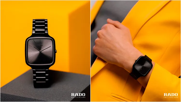 RADO True Square Thinline真我方形系列超薄Les Couleurs幻彩高科技陶瓷限量腕錶，37*43.3mm，霧面高科技陶瓷下象牙黑色錶殼，太陽紋拉絲錶面，霧面高科技陶瓷錶帶，RADO R420石英機芯，防水深度30米，7萬1800元。品牌提供