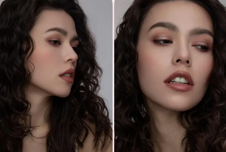 Model以玫瑰秘境限定版高級訂製四格眼盤#30叛逆玫瑰，搭配設計師絲絨霧光唇膏#01初戀玫瑰。品牌提供