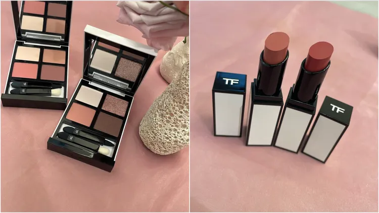 玫瑰秘境限定版高級訂製4格眼盤（左圖）各3700元、設計師絲絨霧光唇膏（右圖）各2100元。張家玲攝