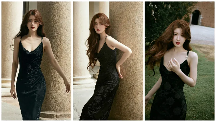 趙露思身穿Versace黑色細肩貼身洋裝。翻攝趙露思工作室微博