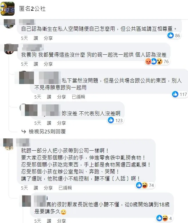 網友看法不一，但認為公共空間及物品應尊重他人者占多數。翻攝自臉書「匿名2公社」