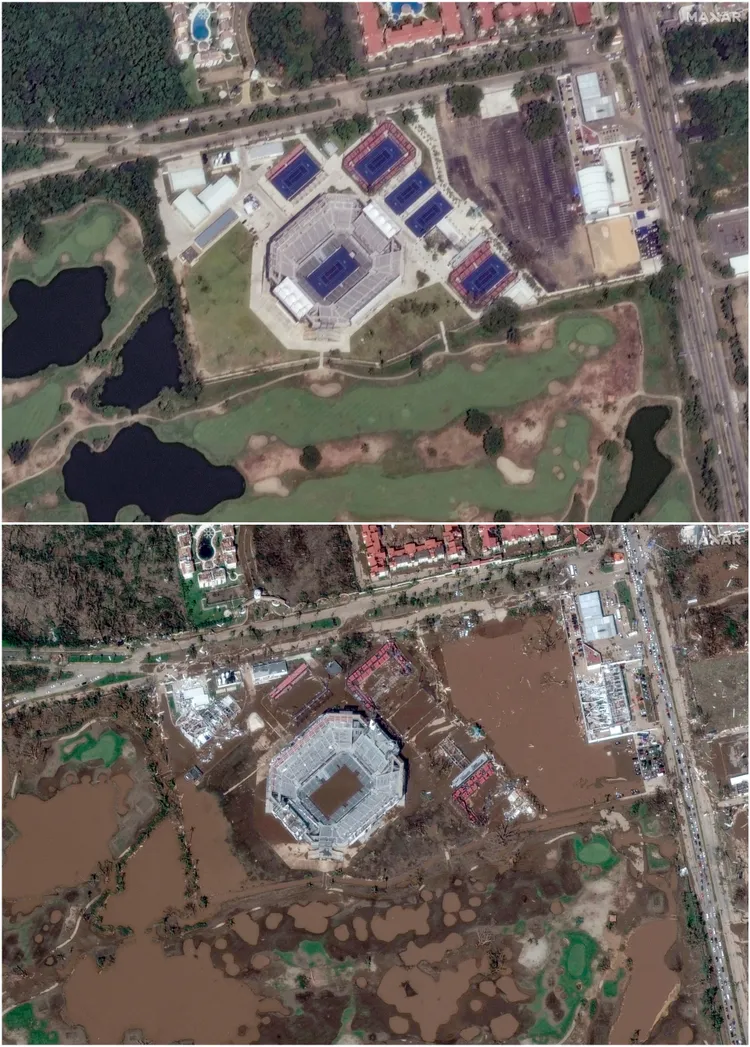 上半部為轟炸前的運動公園衛星圖，下半部為轟炸後的衛星圖。路透社