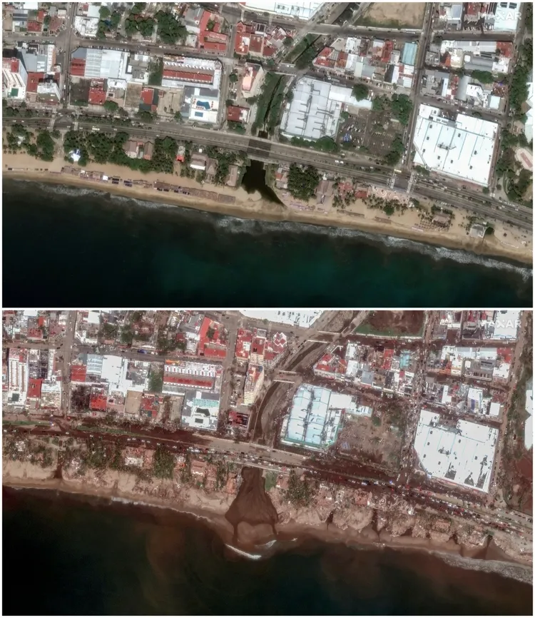 上半部為轟炸前海港住宅的衛星圖，下半部為轟炸後的衛星圖。路透社