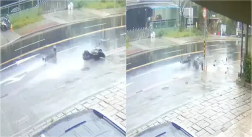 騎士遇雨如「滑水道」噴10公尺撞桿 機車碎一地!結局太神了