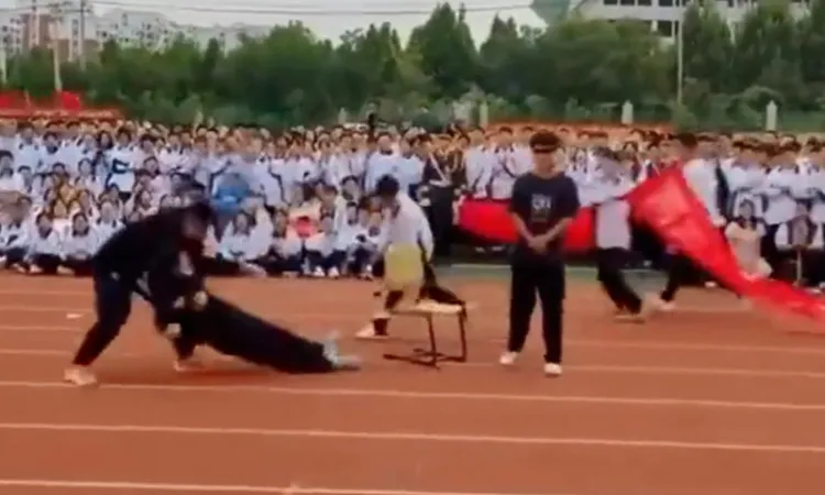 當飾演安倍晉三的學生倒地，現場師生一片歡呼嘲笑聲。翻攝微博/山東省棗莊市